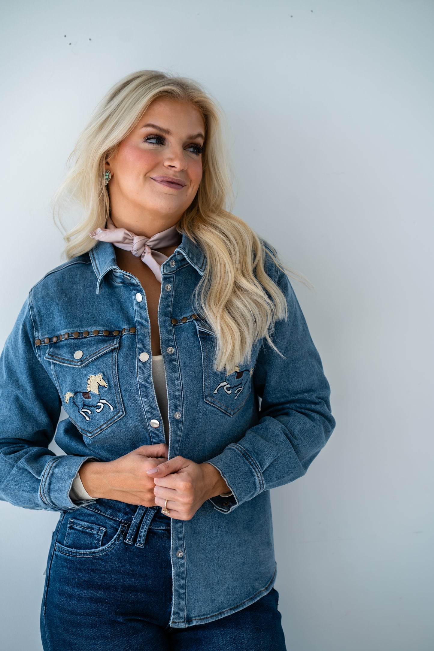 Embroidered Horse Blue Jean Shirt