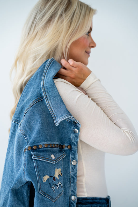 Embroidered Horse Blue Jean Shirt