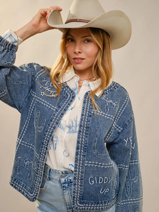 The "Giddy Up" Embroidered Heritage Denim Jacket