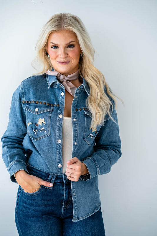 Embroidered Horse Blue Jean Shirt
