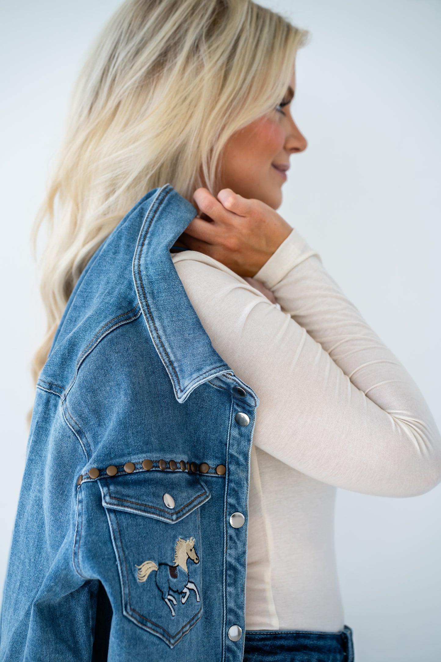 Embroidered Horse Blue Jean Shirt
