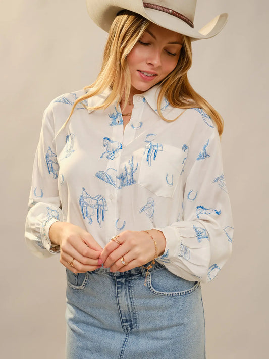 The "Ranch Sketch" Relaxed Western Blouse